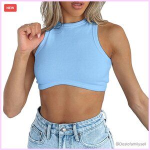 Ribbed Knit Crop Top Sleeveless Crewneck Y2K Chic Summer Stretchy
